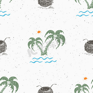 无缝图案背景与手绘棕榈树，夏季无缝，背景，矢量图