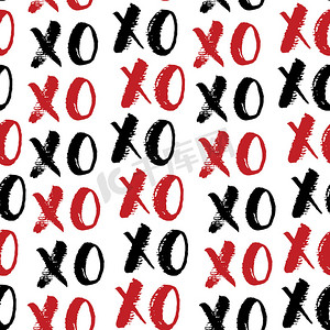 字母c矢量摄影照片_XOXO 毛笔字母标志无缝图案，Grunge calligraphiv c 拥抱和亲吻短语，互联网俚语缩写 XOXO 符号，在白色背景上隔离的矢量插图