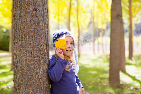 秋黄摄影照片_秋杨树林中的小女孩手里拿着黄落叶