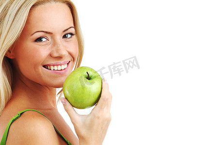 吃青苹果摄影照片_女人吃青苹果