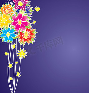 紫罗兰色背景上的七彩花朵矢量