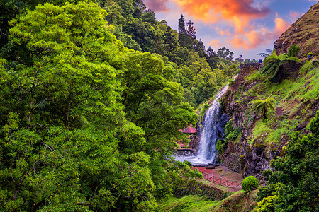 速达电梯摄影照片_Parque Natural Da Ribeira Dos Caldeiroes，圣米格尔，亚速尔群岛，葡萄牙的瀑布。