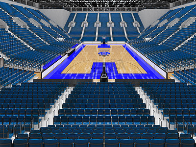 美丽的现代篮球运动场，配有蓝色座椅和贵宾包厢