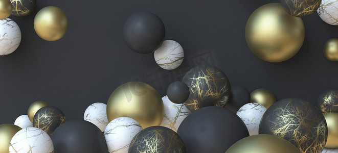 黑色金色海报摄影照片_抽象背景由不同的材料落球 3D 制成