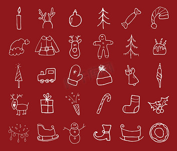 圣诞节和新年图标手绘涂鸦，矢量图