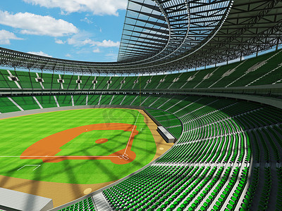 大棒球摄影照片_有绿色位子和贵宾包厢的大美丽的现代棒球场
