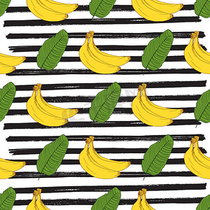 香蕉手绘素描条纹无缝图案。