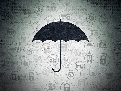 保护概念： 数字数据纸张背景上的雨伞