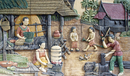 农业文化墙摄影照片_雕刻在寺庙墙壁上的泰国文化石