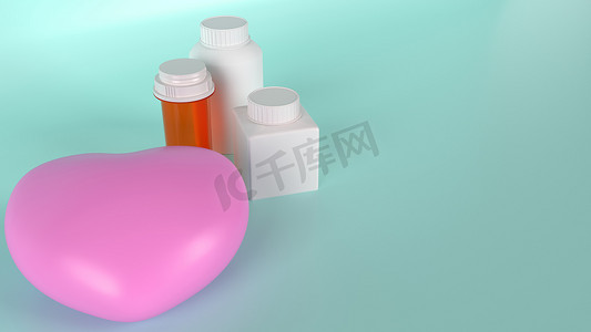 用于健康内容 3d 渲染的粉红心和药瓶