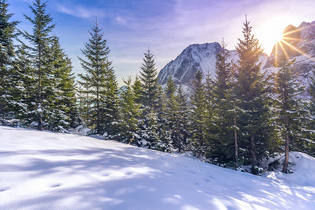 梦幻雪摄影照片_在多雪的高山场面的太阳光芒