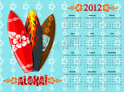 矢量蓝色 Aloha 日历 2012 年与冲浪板