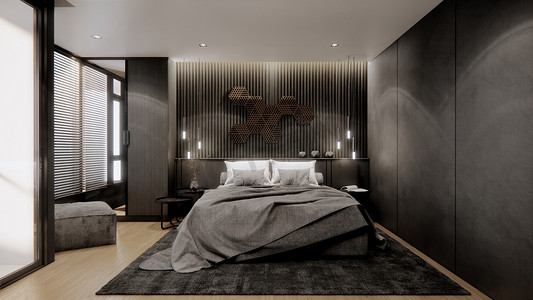 带双人床的现代黑色卧室内部，3D 渲染
