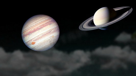 土星和木星在夜空中的剪影云上升起