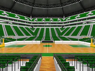 美丽的现代篮球运动场，设有贵宾包厢和两万名球迷的绿色座椅