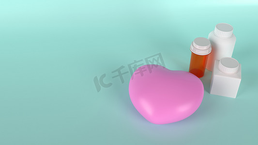用于健康内容 3d 渲染的粉红心和药瓶