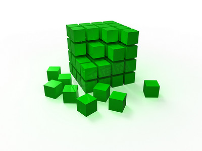4x4 绿色无序立方体由白色背景上隔离的块组装而成