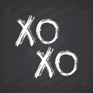 海报毛笔摄影照片_XOXO 毛笔字母符号，Grunge 书法拥抱和亲吻短语，互联网俚语缩写 XOXO 符号，黑板背景上的矢量插图