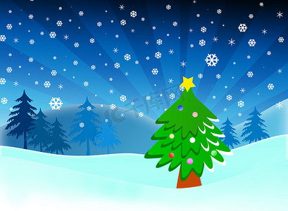 打扫卡通摄影照片_雪蓝色背景上的卡通圣诞树