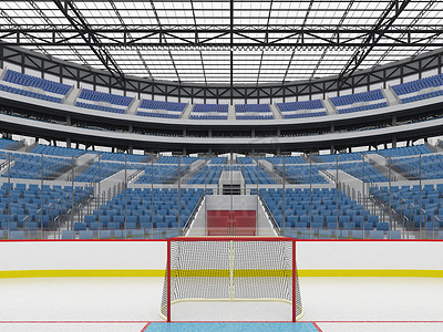 游戏配备摄影照片_美丽的冰球运动场，配备蓝色座椅和五万名球迷的贵宾包厢