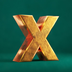 金色的福字摄影照片_潮水绿色背景上的 Fortuna 金色字母 X 大写。
