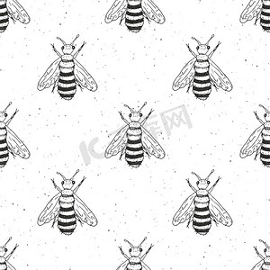 蜜蜂手绘无缝图案，单色背景矢量图