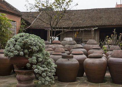 酱油摄影照片_带有发酵酱油罐的农场庭院。
