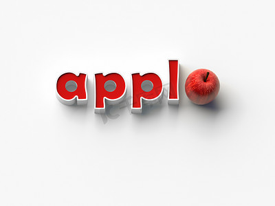 3D 渲染词“appl”和普通背景上的苹果