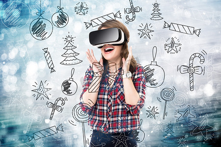 双曝光，女孩使用 VR 眼镜体验，在虚拟现实中，选择玩具