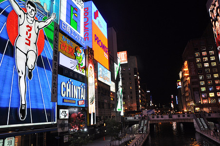日本大阪 — 10 月 23 日：格力高人跑步广告牌和其他