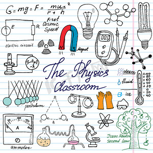 实验图标摄影照片_物理和科学元素涂鸦图标集。