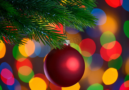 节日灯光背景下冷杉树枝上的圣诞舞会