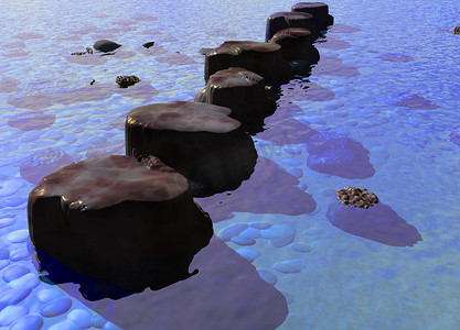 老家河流摄影照片_蓝色海洋河流场景中的一排垫脚石
