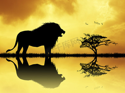 日落时河上的狮子剪影