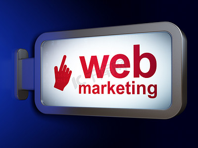 网页设计理念：广告牌背景上的网络营销和鼠标光标