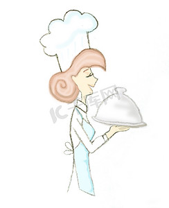 拿着盘子的卡通女服务员-孤立的涂鸦插图