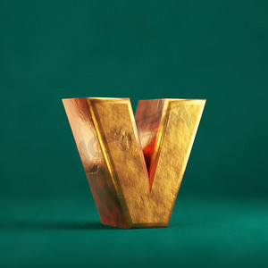 v型图摄影照片_潮水绿色背景上的 Fortuna 金色字母 V 小写。