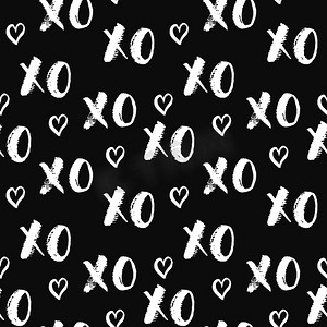 XOXO 毛笔字母标志无缝图案，Grunge calligraphiv c 拥抱和亲吻短语，互联网俚语缩写 XOXO 符号，矢量图