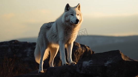 一只狼摄影照片_一只站在岩石上的白狼