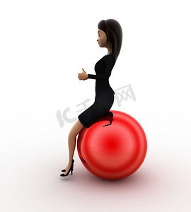坐在红色闪亮球概念上的 3d 女人