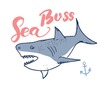 可爱的鲨鱼手绘草图，T 恤印刷设计矢量图