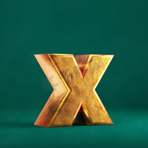 金色的福字摄影照片_潮水绿色背景上的 Fortuna 金色字母 X 小写。