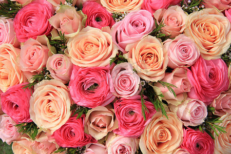 粉色玫瑰花瓣摄影照片_粉色玫瑰新娘捧花