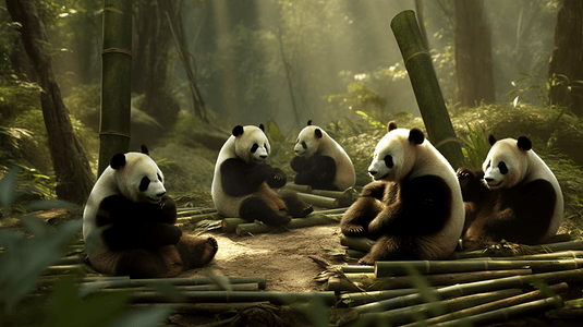 国宝插画摄影照片_竹林里有一群国宝大熊猫在玩耍