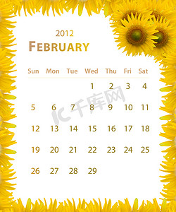 2012 年日历，2 月与向日葵框架设计