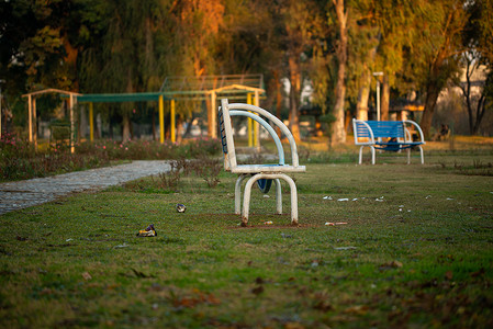 阳光明媚的冬日早晨，在公园里长凳