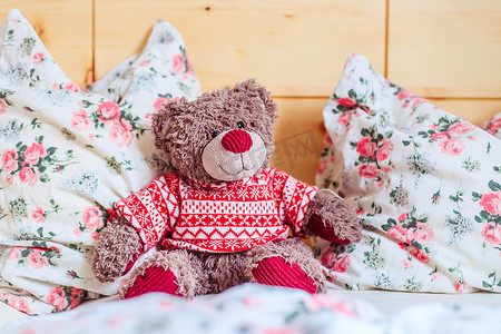 泰迪梦的概念：泰迪熊坐在一张木床上