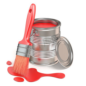 油漆桶、画笔和红色污渍。 