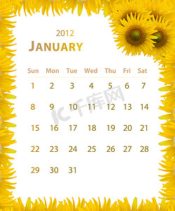 2012 年日历，1 月与向日葵框架设计