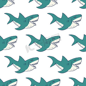 鲨鱼无缝图案，手绘素描涂鸦鲨鱼，矢量图解